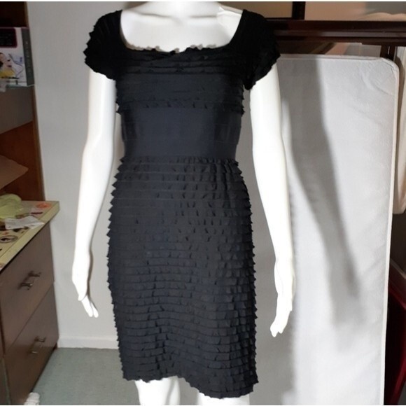 Max studio small stretchy knit ruffle mini cocktail Little Black dress s - Picture 1 of 7